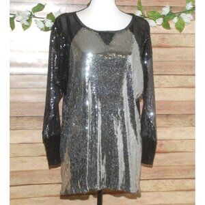 Lynn Richie All Over Sequin Silver Black Blouse Top Size M Tunic Party Night Out